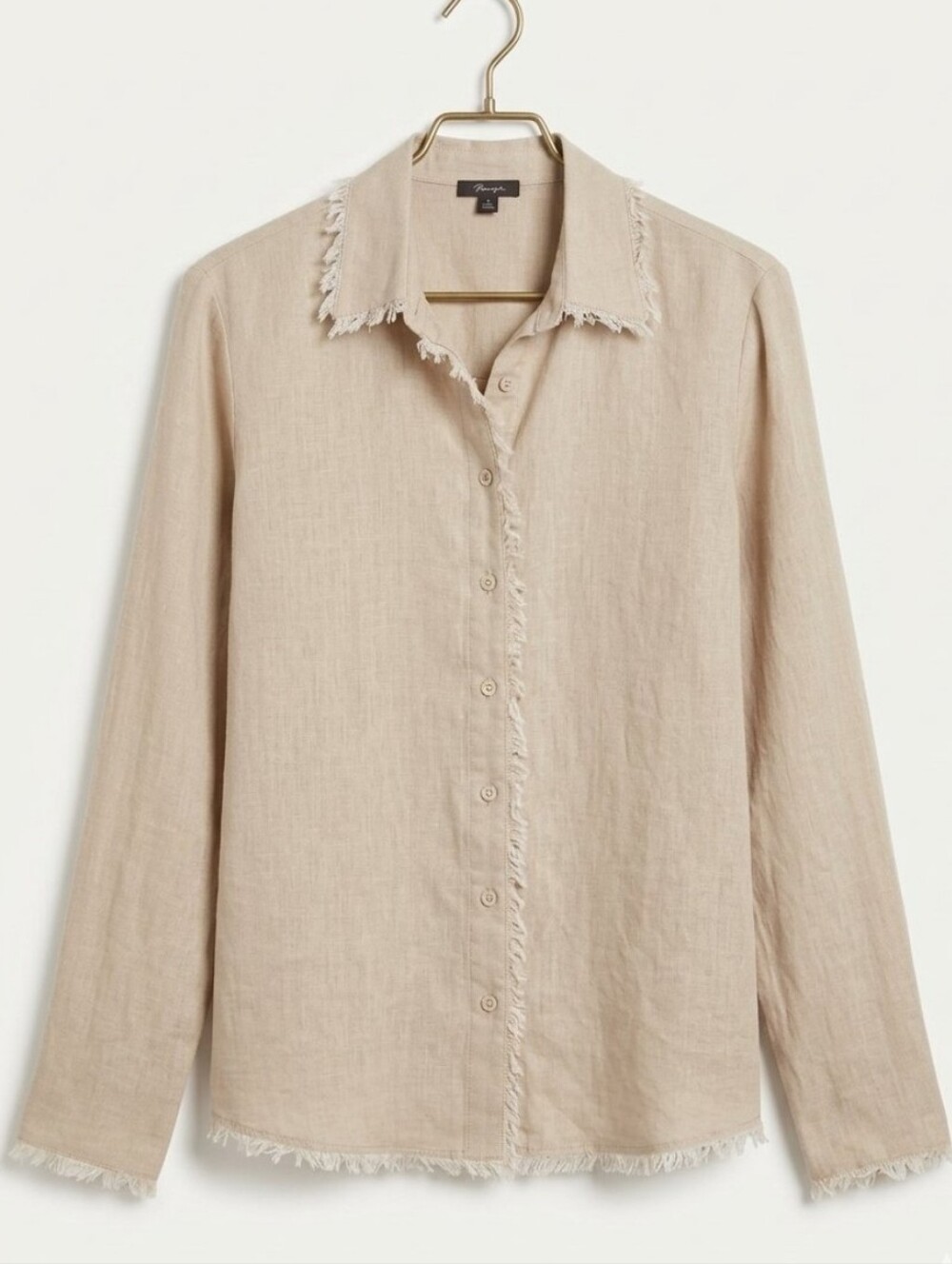 SANDRA Frayed-Edge Lightweight  Light Beige Linen Button Up Shirt Sz M
